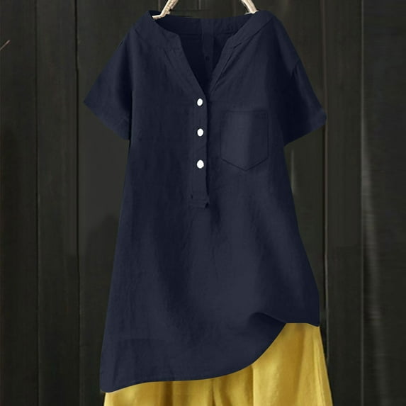 WCJM Golf Shirts for Womens Shirts Linen Blouse Summer Beach Short Sleeve V Neck Button Down Tops Casual Tunic Loose Shirt 2026
