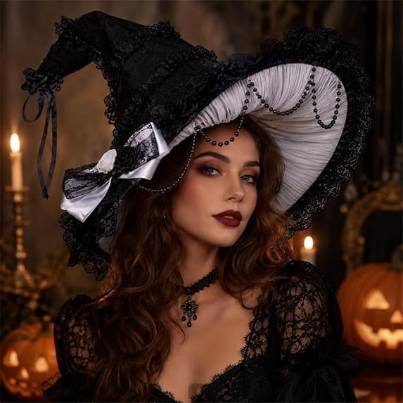 WCJM Gothic Pointed Witch Hat with Ruffled Lace Wide Brim Halloween Cap for Gothic Weddings Masquerade Balls Themed Costume Events and Autumn