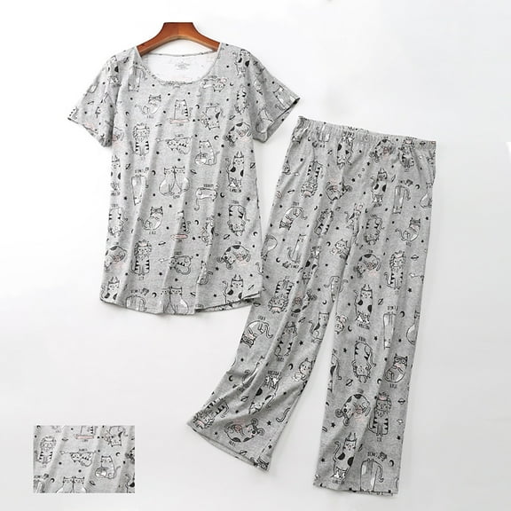 WCJM Gray Women's Cotton Pajama Set Cute 2 Piece Set Comfy Summer V Neck Short Sleeve Shirt Capri Sleepwear