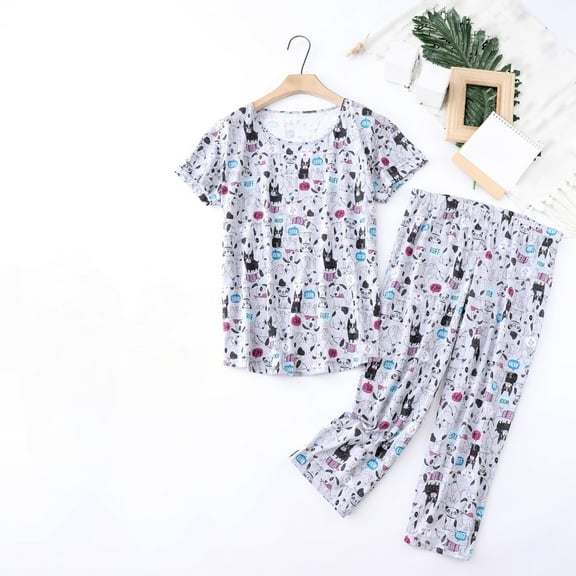 WCJM Gray Women's Cotton Pajama Set Cute 2 Piece Set Comfy Summer V Neck Short Sleeve Shirt Capri Sleepwear