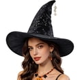 thumbnail image 1 of WCJM Halloween Pointed Witch Hat Ruffled Lace Trim Wide Brim Cap Soft Velvet Gothic Dress Up Hat for Women Masquerade Party Accessory, 1 of 3