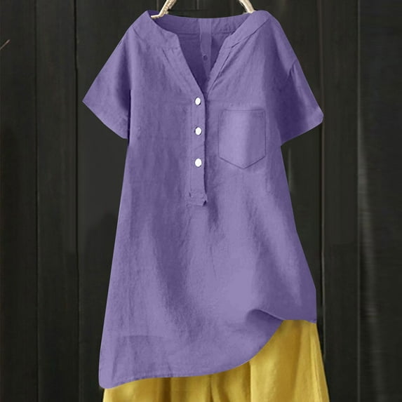 WCJM Shirts for Womens Shirts Linen Blouse Summer Beach Short Sleeve V Neck Button Down Tops Casual Tunic Loose Shirt 2026