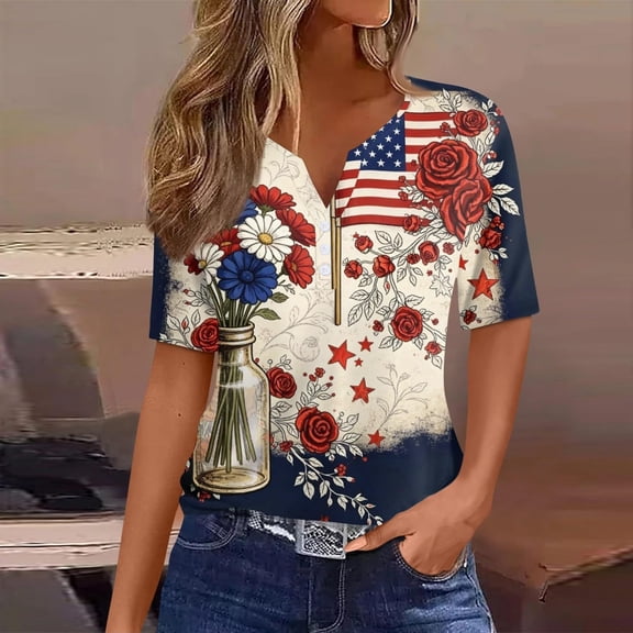 WCJM July 4th 2026 Casual Top for Women American Flag Graphic Short Sleeve Cute T Shirt(Blue,L)