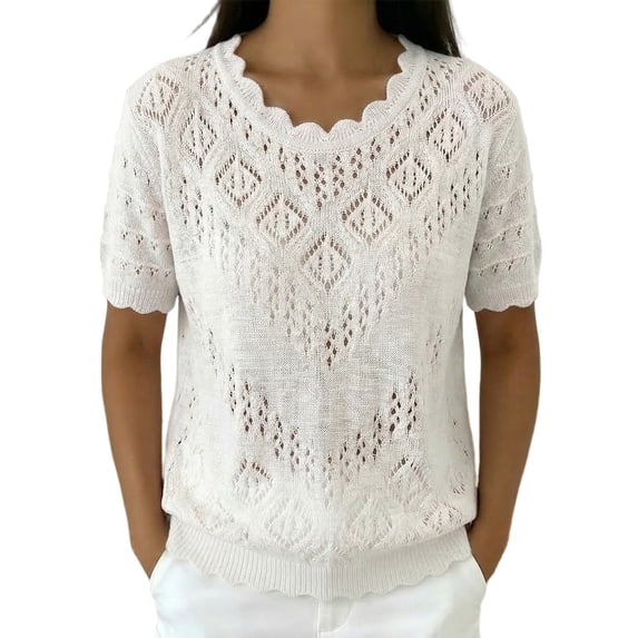 WCJM Lace Spliced Ribbed Knit T Shirt Women Short Sleeve Rolled Cuff Daily Wear Casual (White,M)