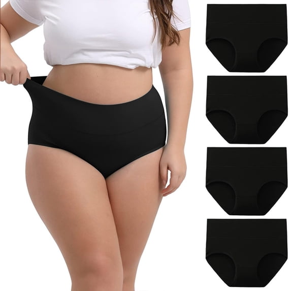 WCJM Ladies Full Coverage Cotton High Waist Panties Plus Size Soft Brief 4 Pack Black Panties