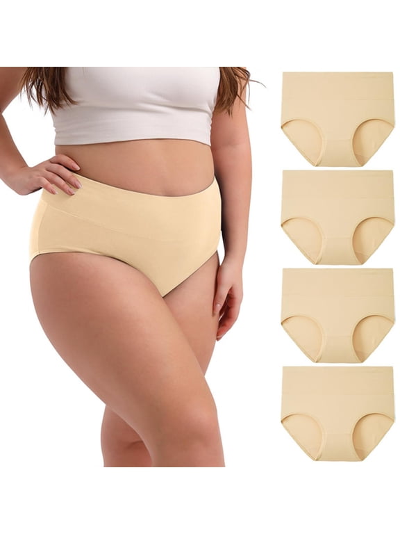 Ladies Plus Size Cotton High Cut Panties Full Hip Coverage Brief 4 Pack Beige Panties