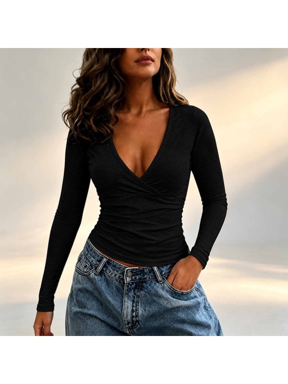 Long Sleeve Deep V Wrap Shirt for Women Crop Top Casual Blouse Cute Going Out Tee with Knot Front Style (Black,L)