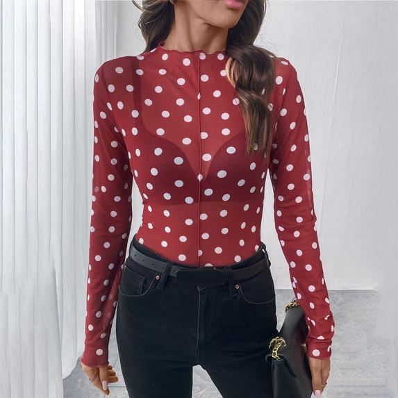 WCJM Long Sleeve T-shirt for Women Womens Sparkle Mesh Top Mock Neck Polka Dot Long Sleeve Sheer See Through Tee Party Club Night Blouse