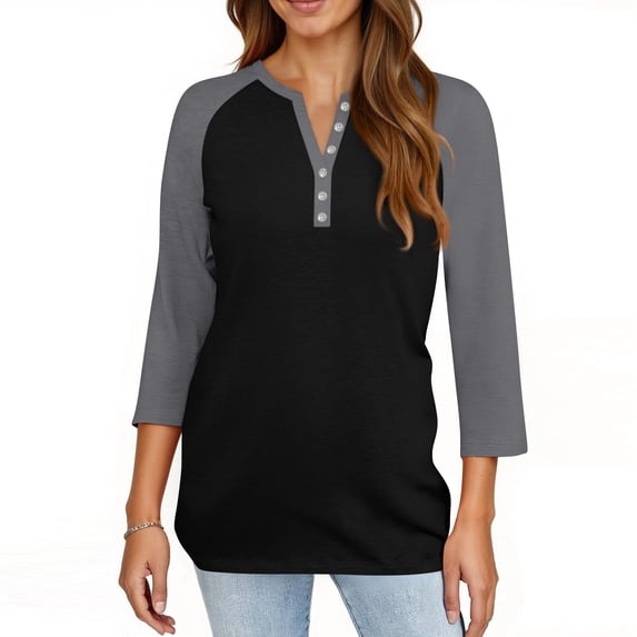 WCJM Long Sleeve Vneck T Shirt Womens Women's Long Sleeve T-Shirt Women's Tops Summer Printed Women's Top 3/4 Sleeves Buttons Blouse Short Sleeve T Shirt V Neck T Shirt