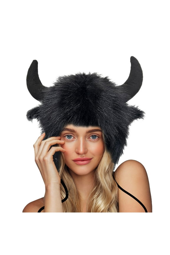 MaleBuffalo Hat With Horns Furry Earmuff Winter Hats Buffalo Face Fluffy Ear Headwear Earflap Hat Black