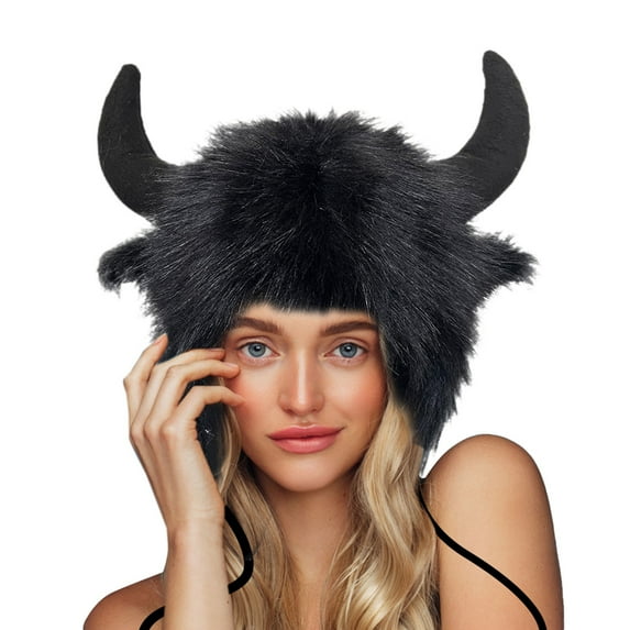 WCJM MaleBuffalo Hat With Horns Furry Earmuff Winter Hats Buffalo Face Fluffy Ear Headwear Earflap Hat Black