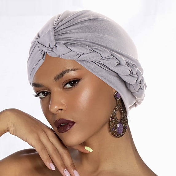 WCJM MaleHead Hat Cap Ethnic Bohemian Cover Wrap Turban Ladies Multicolor Side Braid Hijab Hat Solid Color Baotou Hat E