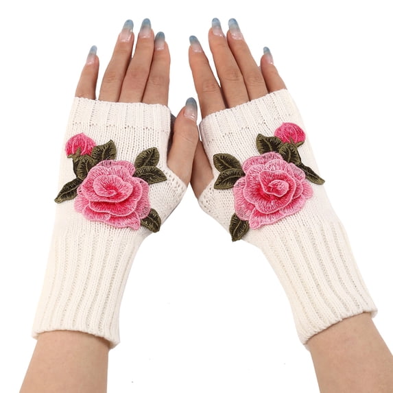 WCJM MaleLadies Warm Knit Fingerless Gloves Convertible Mittens Fashion Flowers Hot Pink