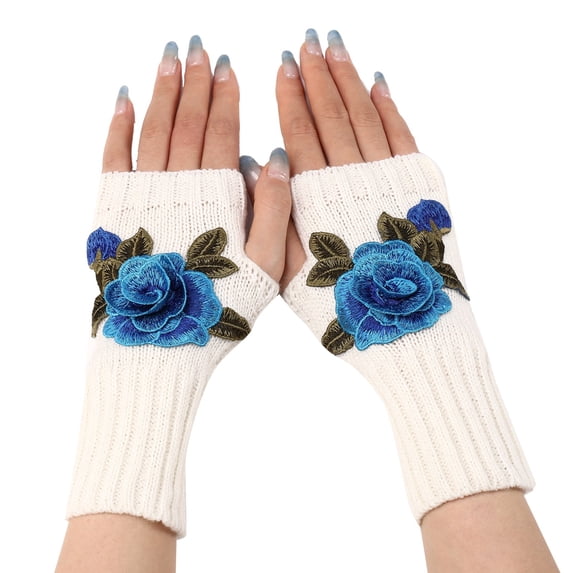 WCJM MaleLadies Warm Knit Fingerless Gloves Convertible Mittens Fashion Flowers Sky Blue
