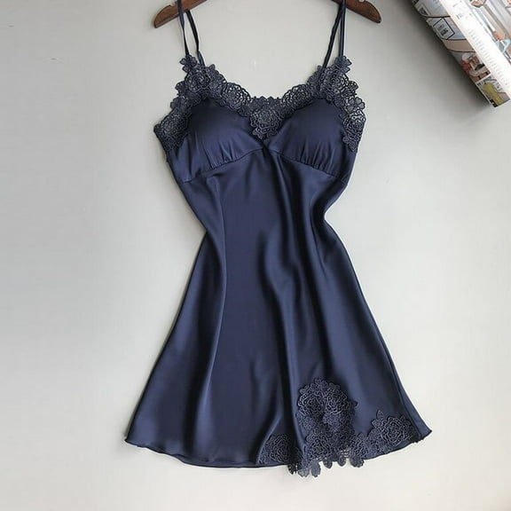 WCJM Navy Women Lace Pad Lingerie Nightwear Underwear Robe Babydoll Sleepwear Dress