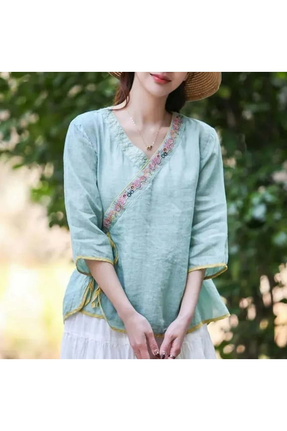 Organic Cotton Long Sleeve T Shirt Womens Women's Long Sleeve T-Shirt Women Cotton Linen Shirts Vintage Chinese Embroidery 3/4 Sleeve Casual Trendy Tops Loose V Neck Side Tie Slit Blouse