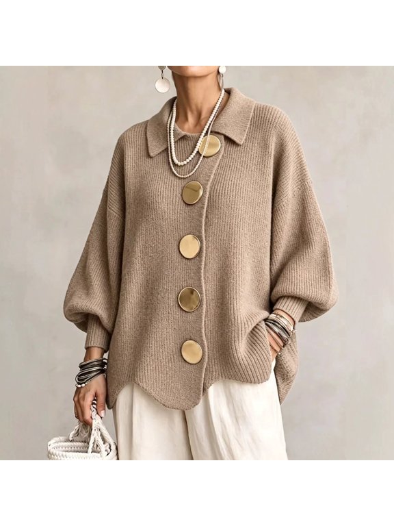 Oversized Cropped Cardigan Women Knit Open Front Collar Collar Long Sleeve Loose Fall Coat (Khaki,XL)