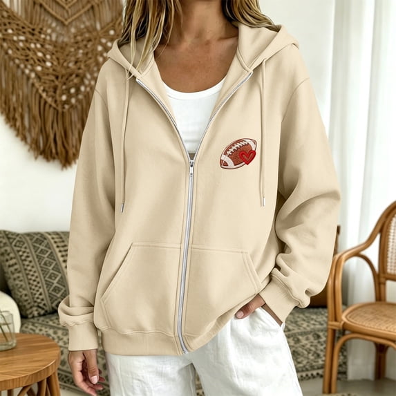 WCJM Oversized Hoodies for Women Women's Casual Football Zip Hoodie Embroidered Full Zip Long Sleeve Fan Top