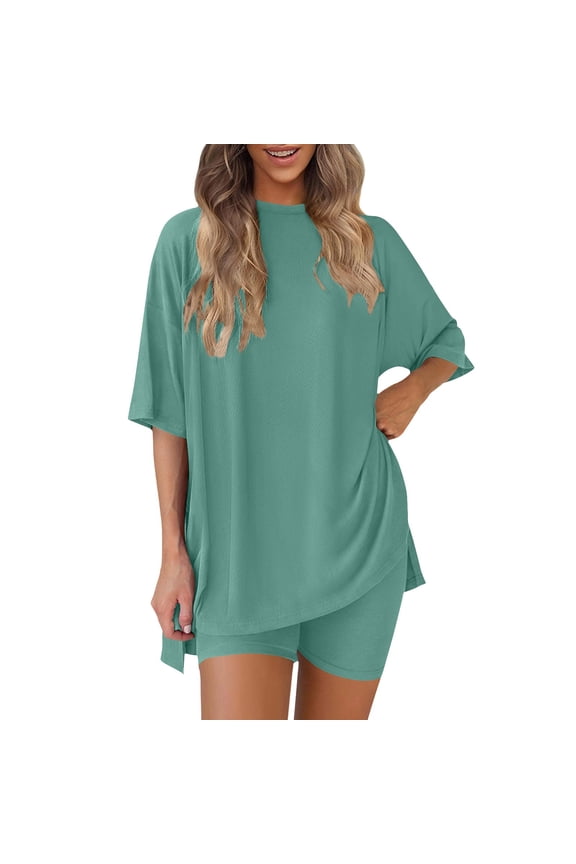 Oversized Shirt Biker Shorts Set for Women Casual Summer Matching Womens Pajamas Set(Green,3XL)