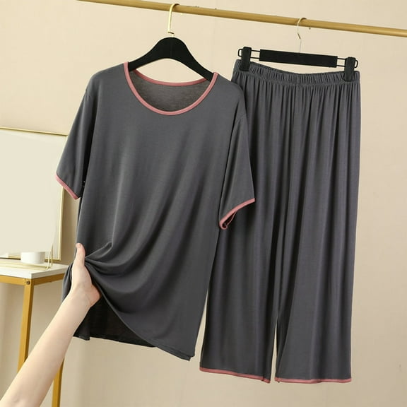 WCJM Pajama Sets for Women 2 Piece Round Neck Short Sleeved Home Wear Casual Pajama Set