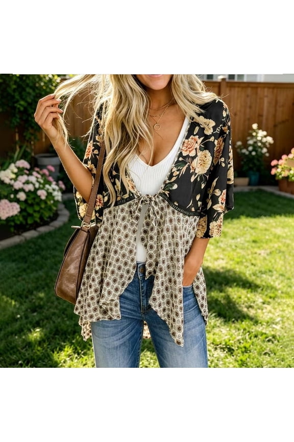 Patchwork Floral Kimono Cardigan for Women Spring Summer 3/4 Ruffle Sleeve Tie Front Loose Boho Flowy Lightweight Beach Cover Up Shirts for Women