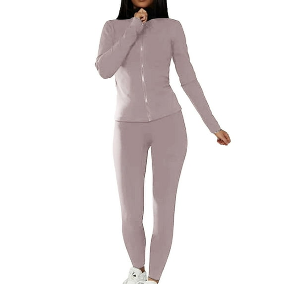 WCJM Pink 2 Piece Sets For Women Slim Zipper Solid Color High Collor Top And Tight Pants Matching Set