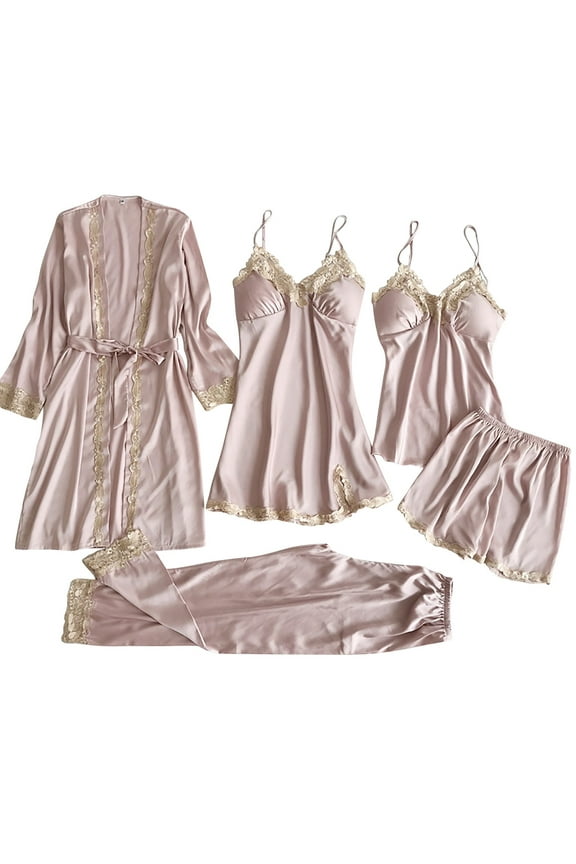 Pink Ladies Satin Pajamas Set 5 Piece Pajamas Silk Like Lace Paneled Pajamas