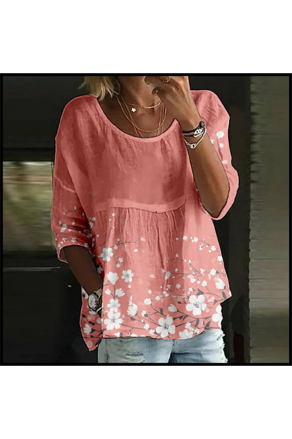 Pink Queen Women's Basic Long Sleeve Slim Fit T Shirt Dress Tunic Top Women's Floral Print T Shirt Half Sleeved Round Neck Shirt 3/4 Sleeved T Shirt Loose Large Size T Shirt