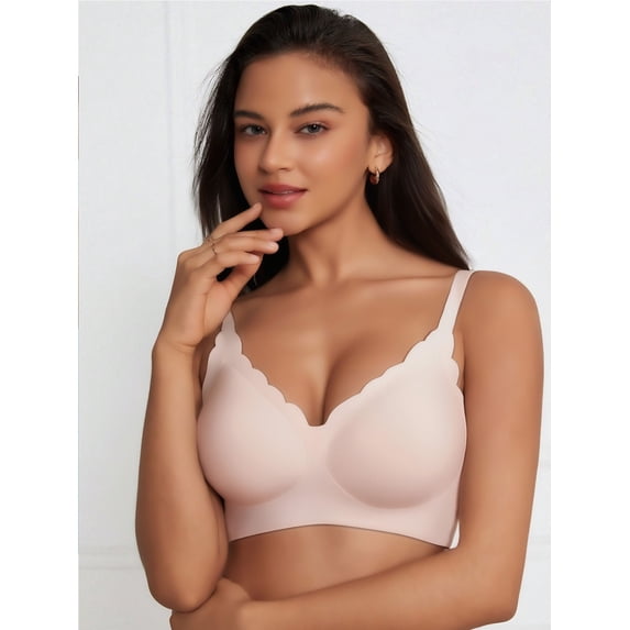 WCJM Pink Women Comfortable Wireless Bras Less Seam Bralettes Soft V Neck Scalloped Full Coverage Everyday Bra