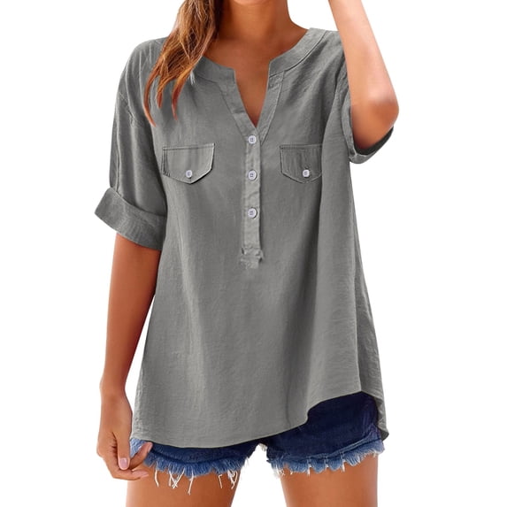 WCJM Plus Size Tops for Women Short Sleeve T Shirt Casual Summer V Neck Women's Short Sleeve T-Shirt Loose Shirt Top Stand Solid Color Medium Sleeve Collar Casual Women's Shirt Women's Shirt