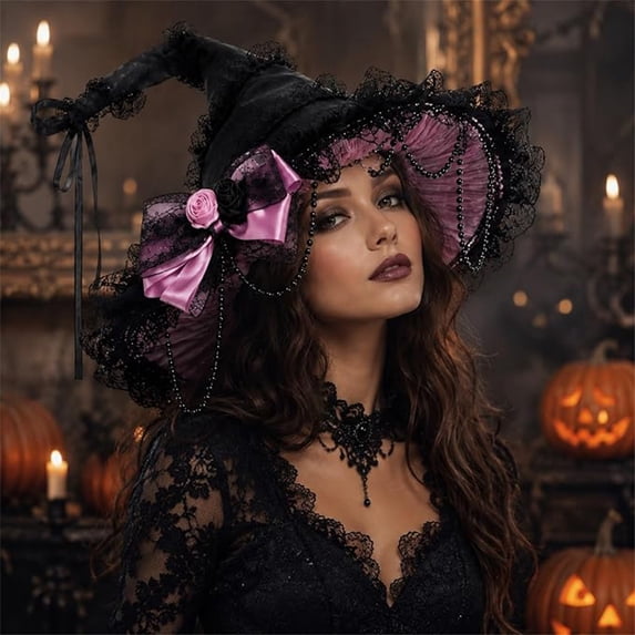 WCJM Pointed Gothic Halloween Witch Hat Ruffled Lace Wide Brim Cap with Elegant Gothic Style for Themed Parties Spooky Photoshoots and Festival