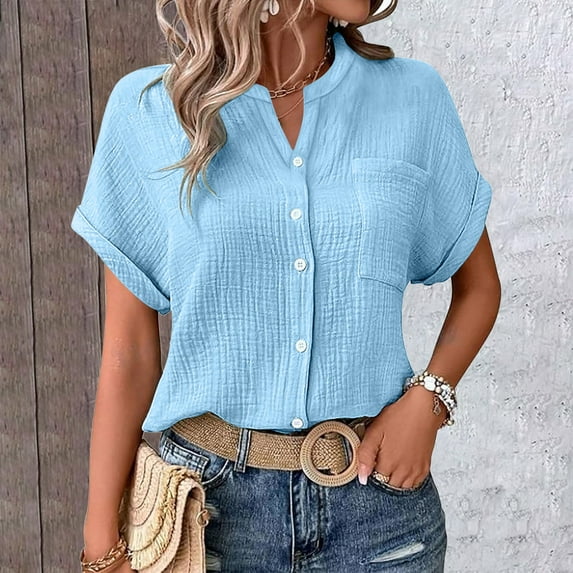 WCJM Shirts for Womens Shirts Womens Blouses Casual Tops Batwing Sleeve Pocket Patched Shirt Casual Work T Shirts Double Layer Wrinkled Fabric