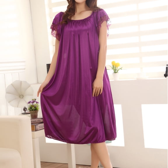 WCJM Purple Women Summer Home Lace Ice Silk Short Sleeve Loose Plus Oversize Nightgown Dress