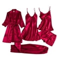 thumbnail image 1 of WCJM Red Ladies Satin Pajamas Set 5 Piece Pajamas Silk Like Lace Paneled Pajamas, 1 of 3