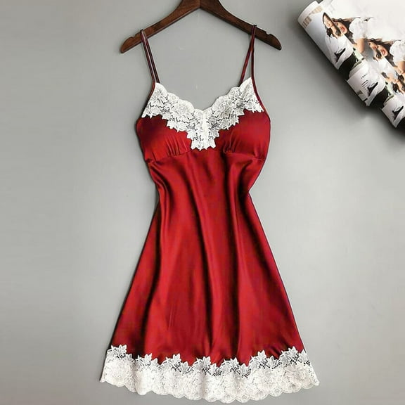 WCJM Red Satin Sleepwear Women Ladies Nightwear Nightdress Lingerie with Chest Pads