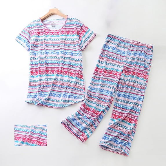WCJM Red Women's Cotton Pajama Set Cute 2 Piece Set Comfy Summer V Neck Short Sleeve Shirt Capri Sleepwear