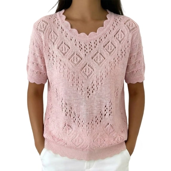 WCJM Ribbed Knit Lace Spliced Top Women Short Sleeve Rolled Cuff Casual Vacation T Shirt (Pink,M)