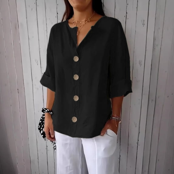 WCJM Shirt Dresses for Womens Shirts Long Sleeve Shirt Women Tops 3/4 Sleeve Cotton Linen Button Down V Neck Shirts Casual Loose Outfits Clothes