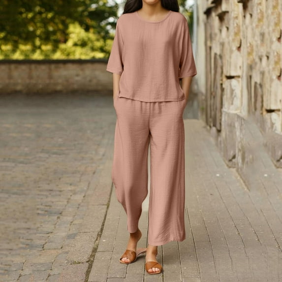 WCJM Short Sleeve Dress Sleepwear Two Breathable Cotton and Linen Tops Loose and Wide Leg Pants Set