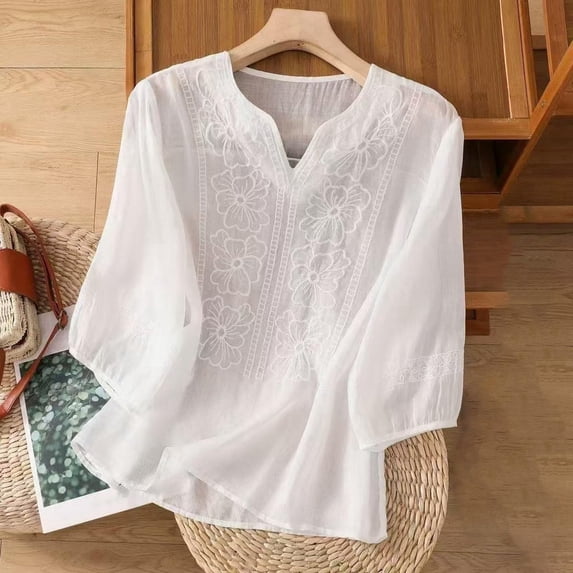 WCJM Short Sleeve Fitted T Shirts for Womens Women's Short Sleeve T-Shirt Embroidered Tops for Women Cotton Linen Tshirt Tee Women 3/4 Sleeve V Neck Button Ethnic