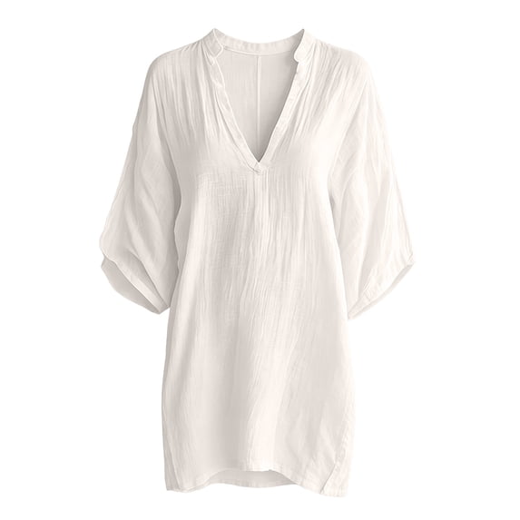 WCJM Short Sleeve Flowy Ruffle Cover Up Women Swimsuit Cover Up Dress V Neck Beach Bikini (White,M)