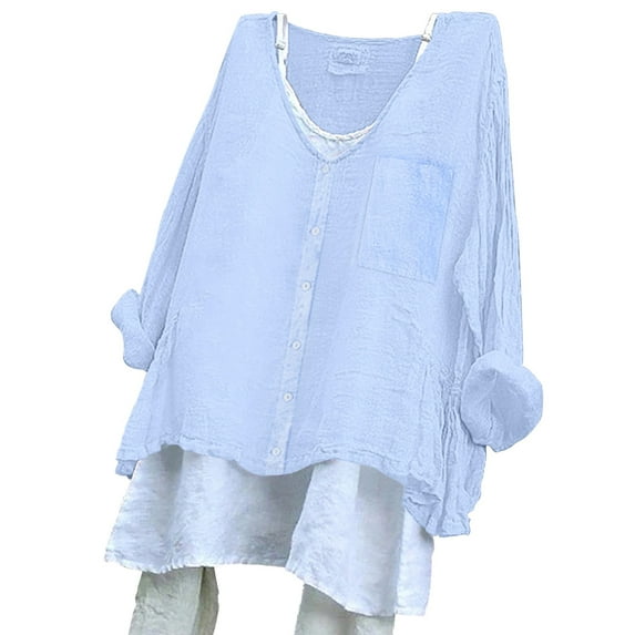 WCJM Short Sleeve Shirts for Womens Shirts Women's Solid Color Loose Plus Size Long Cotton Texture Dress Shirt Button