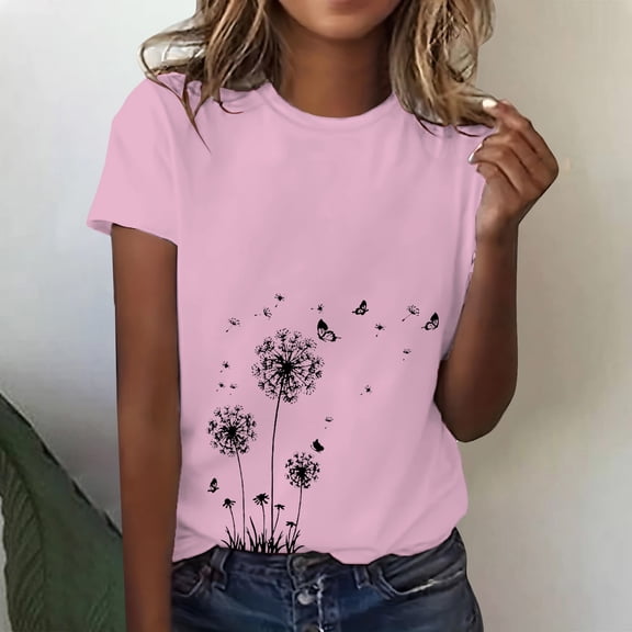 WCJM Short Sleeve T-Shirts for Womens Women's Short Sleeve T-Shirt Women's Spring Round Neck Dandelion Printed Loose Casual Short Sleeved T Shirt