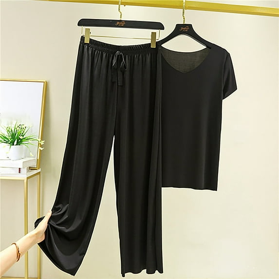 WCJM Soft & Black Womens Daily Family Clothes Short Sleeve Tops Pants Shirt Trousers Set