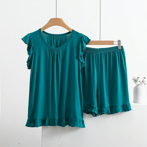 WCJM Soft & Blue Ladies' Spring And Summer Solid Color Casual Drawstring Shorts Short Sleeve Pajamas Women's Shorts Home Set