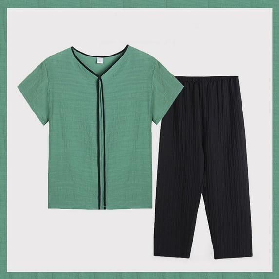 WCJM Soft & Green Women Summer Middle Embroidered Short Sleeve Color Block T Shirt Set