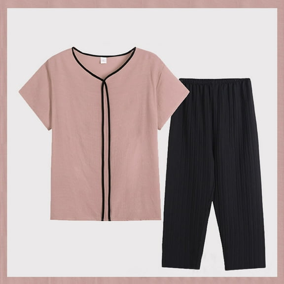 WCJM Soft & Khaki Women Summer Middle Embroidered Short Sleeve Color Block T Shirt Set