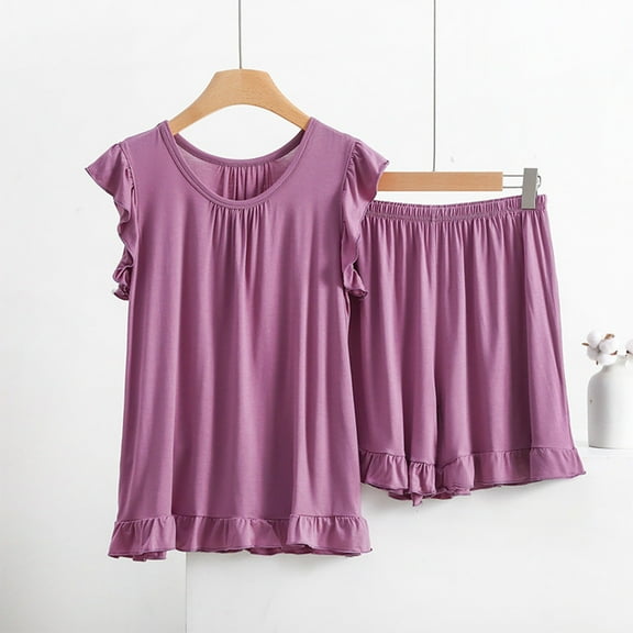 WCJM Soft & Purple Ladies' Spring And Summer Solid Color Casual Drawstring Shorts Short Sleeve Pajamas Women's Shorts Home Set