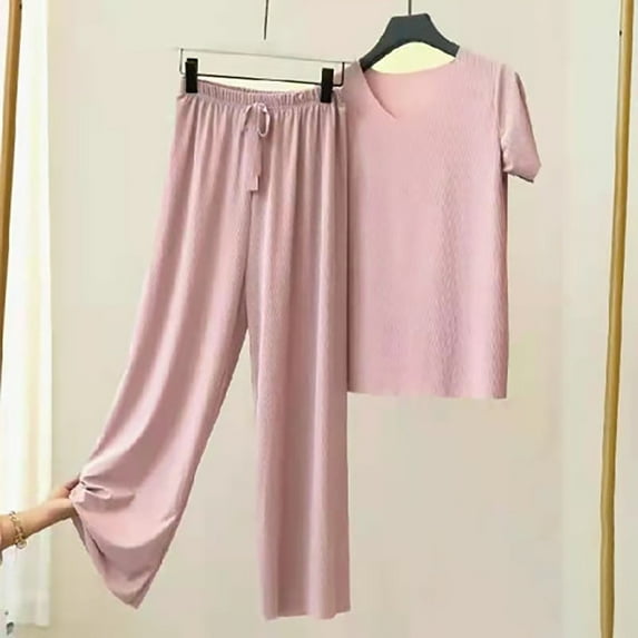 WCJM Soft & Purple Womens Daily Family Clothes Short Sleeve Tops Pants Shirt Trousers Set