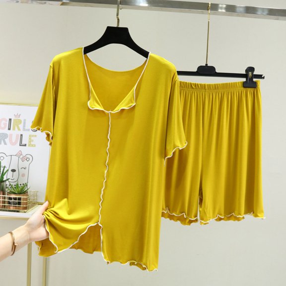 WCJM Soft & Yellow Women's Pajama Sets 2 Piece Sleepwear Tops And Sleep Shorts Set Soft Set With Pockets Summer